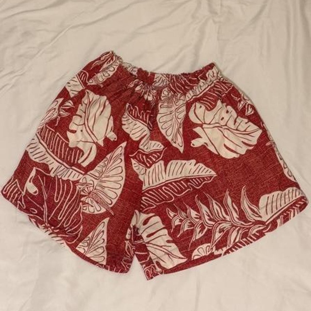 Handmade Vintage Y2K Red Hawaiian Tropical Print Shorts Elastic Waist Womens L